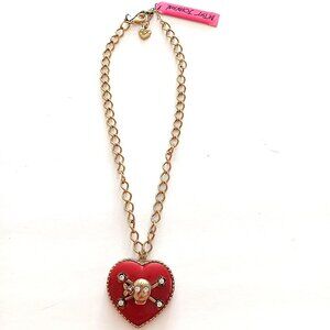 Betsey Johnson Skull & Crossbones Red Heart Pendant Gold Tone Necklace NEW